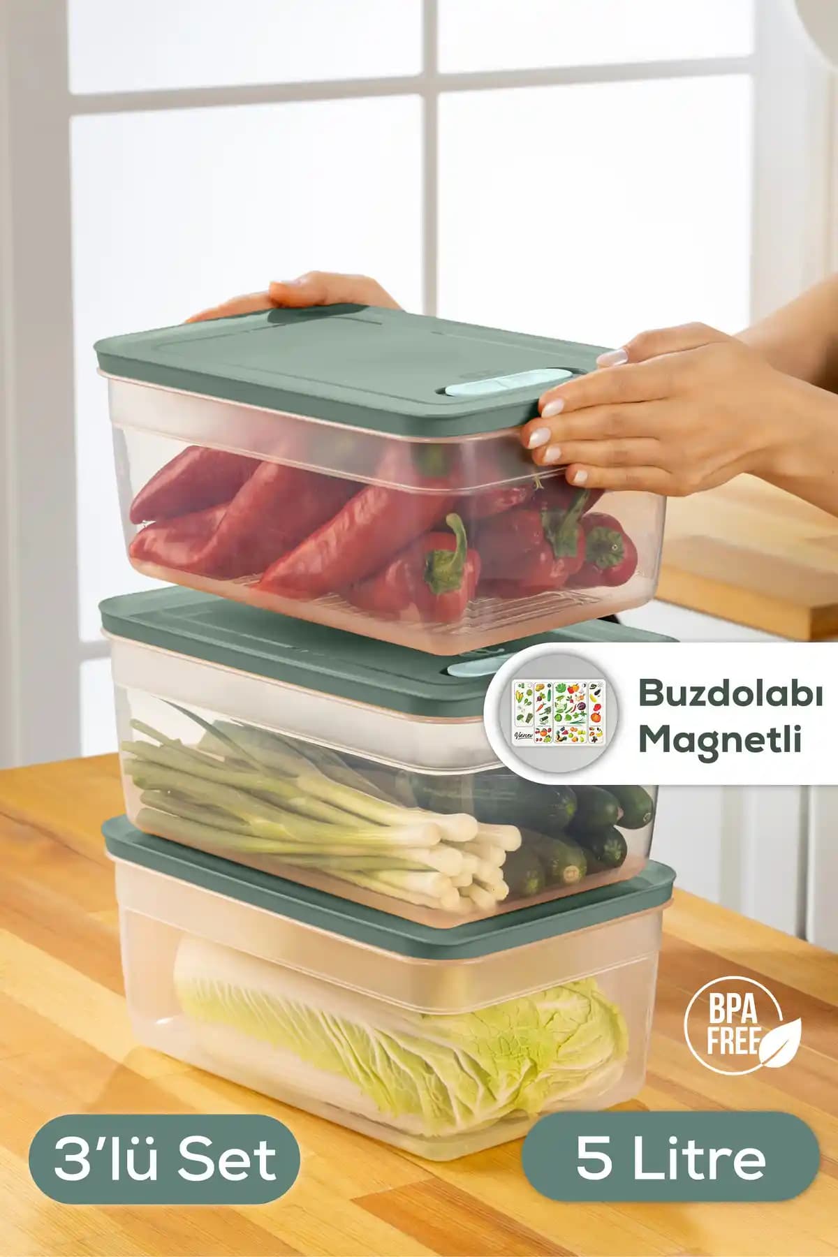 Vienev 3'lü Ayarlı Sebze ve Meyve Saklama Kabı 5 Litre Yeşil Kapaklı Set