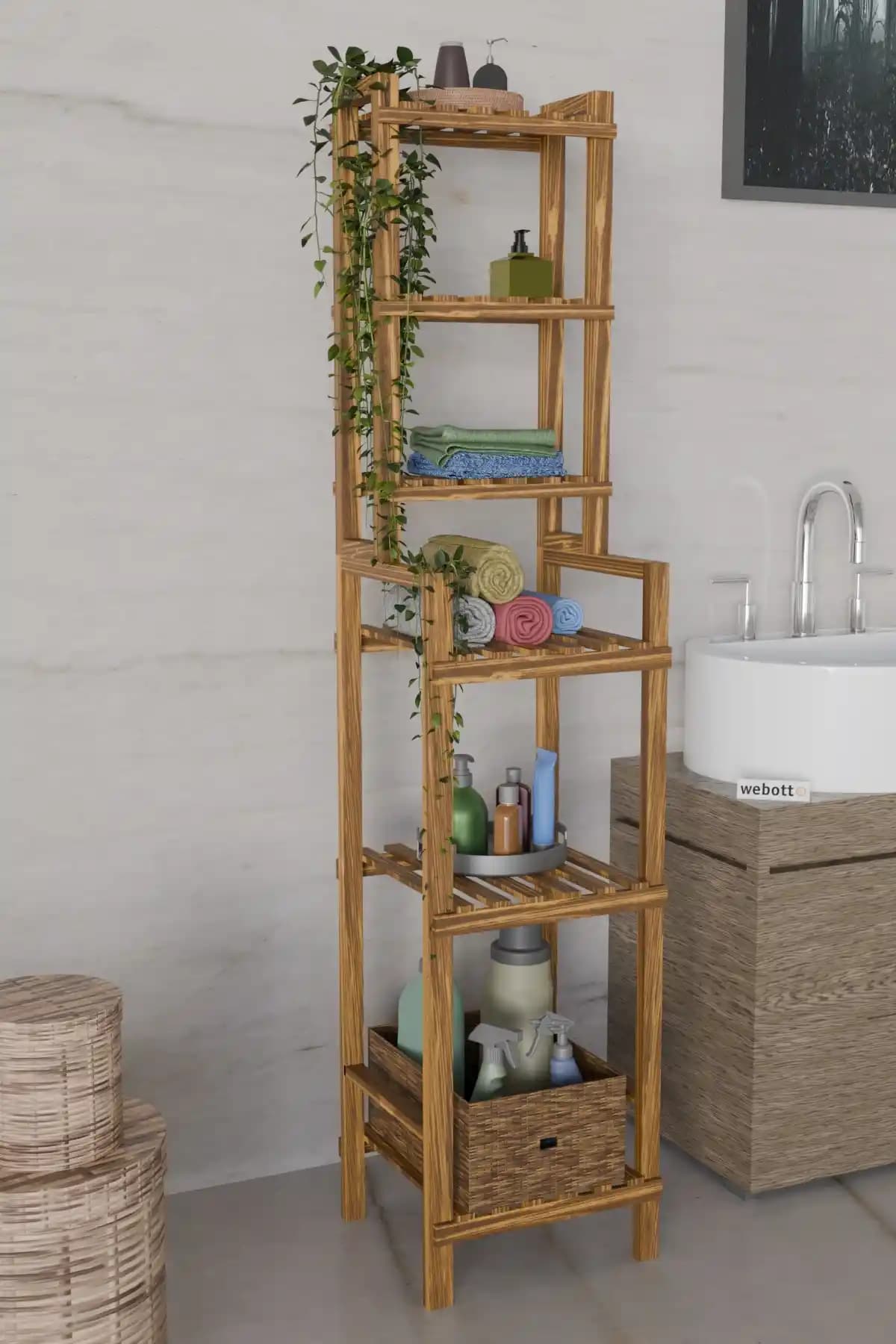 Webotto 8 Banyo Düzenleyici: Masif Çamdan İskandinav Tasarımlı Fonksiyonel Raf