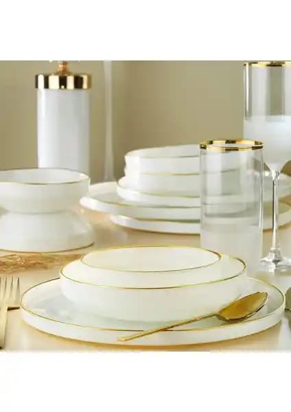 Fecra Circle Beyaz Gold Fileli 18 Parça Yemek Takımı - Zarif ve Dayanıklı Modern Set