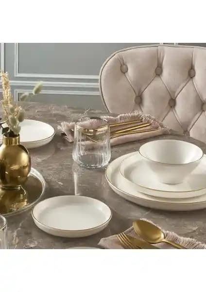 Güral Porselen Bilbao16 4 Kişilik Bone Yemek Takımı Gold Detaylarıyla Modern ve Şık