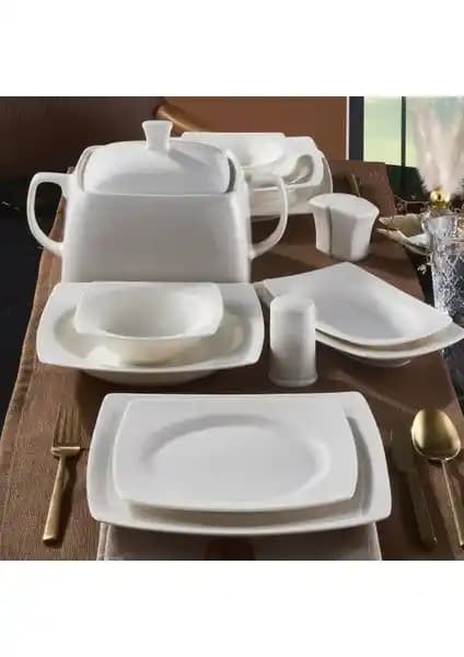 Güral Porselen Caroline 62 Parça Kare Bone Yemek Takımı Estetik ve Kullanışlı Tasarım