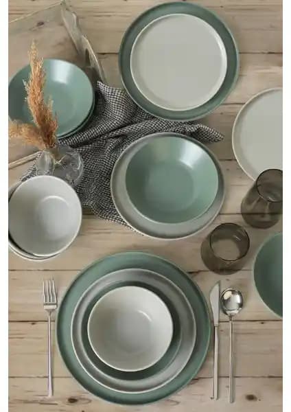 Keramika Mat Gri ve Yeşil Nordic Yemek Takımı 24 Parça Modern ve Dayanıklı Tasarım