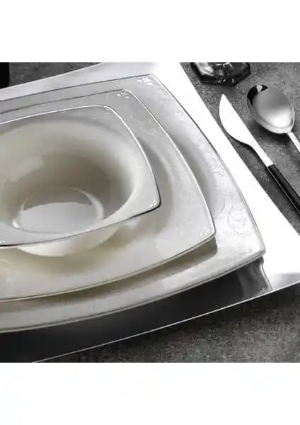 Kütahya Porselen Bone Mare 62 Parça Yemek Takımı Platin Detaylı Modern Tasarım