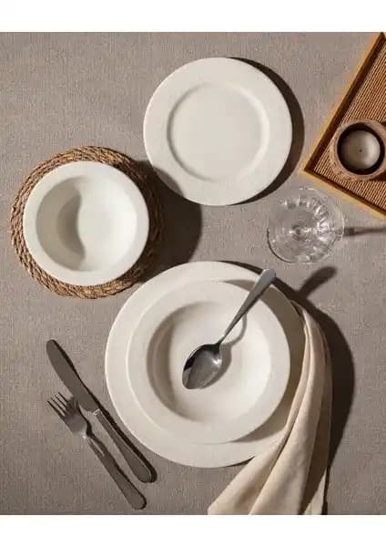 Madame Coco Relief 6 Kişilik Beyaz Seramik Yemek Takımı Modern ve Şık Tasarım