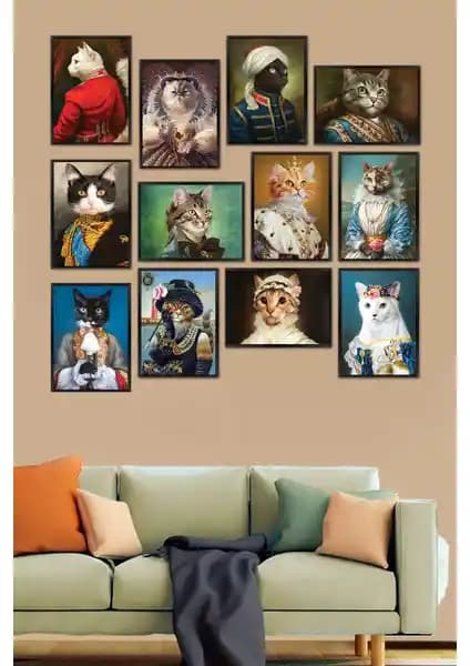 12 Parçalık MDF Kedi Portreleri Tablo Seti Ev ve Ofis Dekorasyonu İçin Uygun