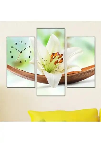 Acacia Bowl Lily Üç Parçalık Kanvas Tablo ve Saat Dekorasyonu