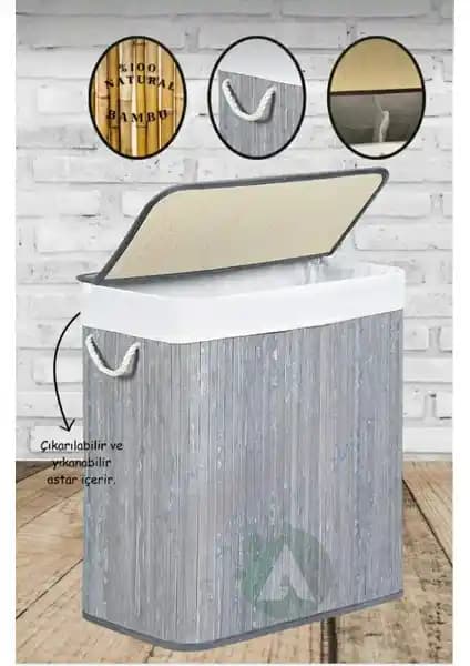 Ahir Ticaret Bambu İki Bölmeli Kirli Çamaşır Sepeti Doğal Şıklık ve Fonksiyonellik Sunar
