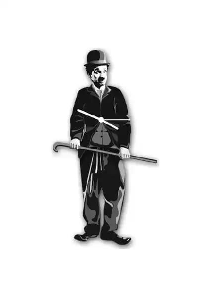 Ahşap Charlie Chaplin Temalı Sallanan Duvar Saati Dekoratif ve Sessiz Tasarım