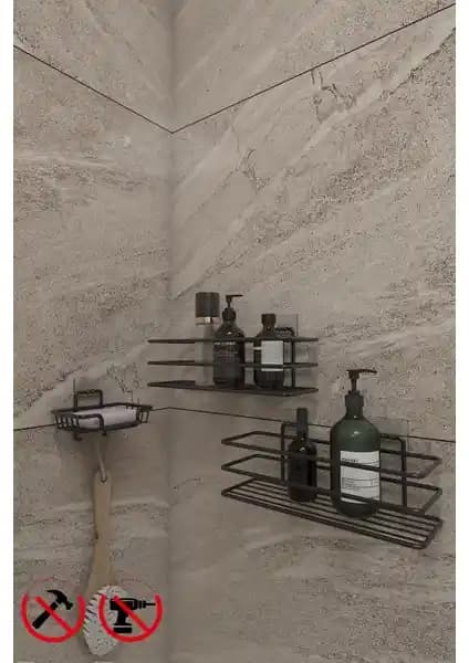 Alper Siyah Yapışkanlı Banyo Rafları ve Düzenleyici Seti - Dayanıklı ve Pratik Tasarım