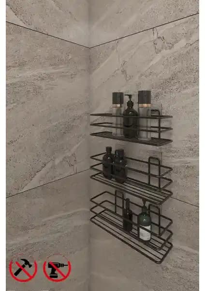 Alper Siyah Yapışkanlı Banyo ve Mutfak Rafı - Pratik ve Estetik Depolama Çözümü