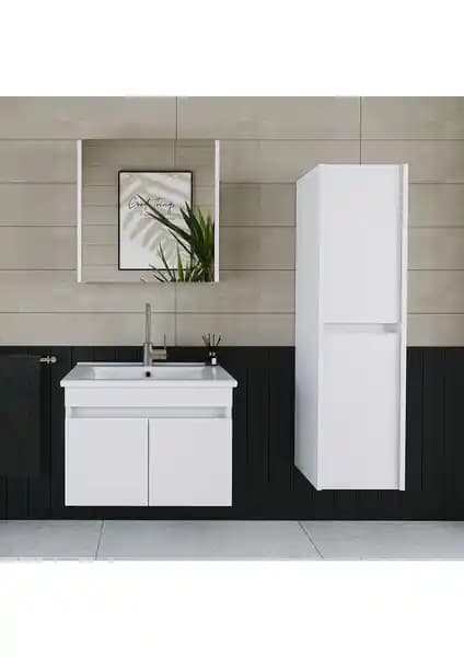 Banos Roomart 2 Kapaklı Lavabolu Beyaz MDF Banyo Dolabı Modern ve Dayanıklı Tasarım