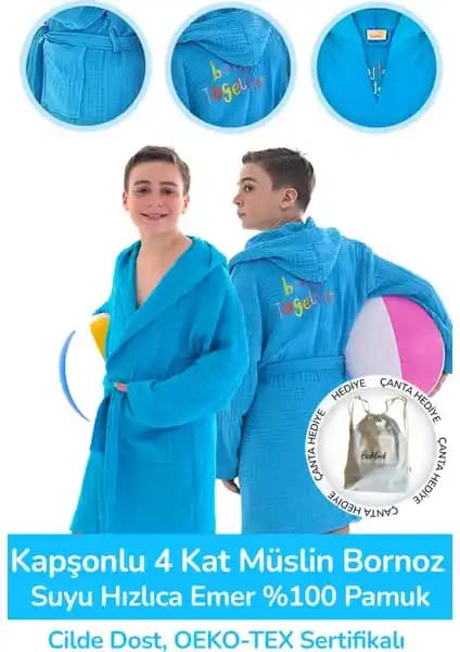 BeeMind Kapşonlu Müslin Çocuk Bornozları Güvenilir ve Hızlı Kuruyan Yüksek Kalite Ürünler