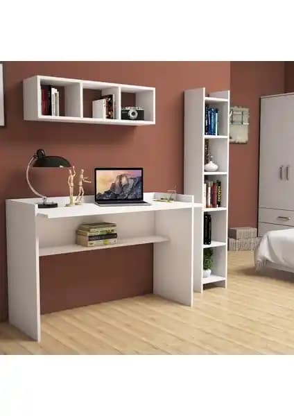 Bimossa Mihrimah Beyaz Çalışma Masası ve Kitaplık Seti: İşlevsel ve Estetik Ofis Çözümleri
