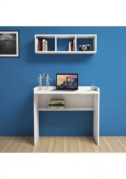 Bimossa Nakşidil Beyaz Çalışma Masası ve Raflı Modern Ofis Mobilyası
