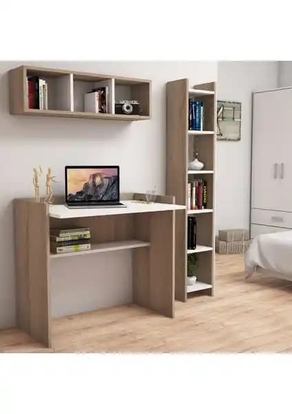 Bimossa Nurbanu Kitaplık ve Çalışma Masası Ceviz Beyaz Modern Tasarım