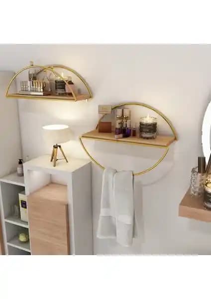 Bino Duvar Rafı Seti Modern ve Çok Amaçlı Dekorasyon Çözümü 2'li Altın Renkli Elips Tasarım