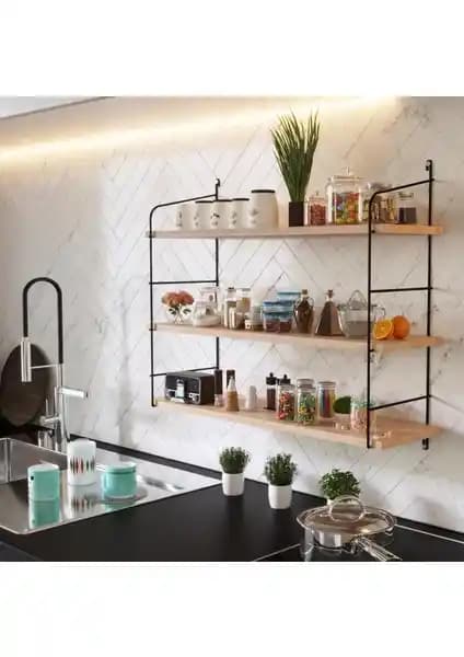 Bino Masif Doğal Ahşap Üç Katlı Duvar Rafı Kitaplık Ev Dekorasyonu İçin