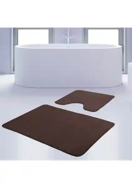 Bonny Home 2'li Unicolor Kahverengi Kaymaz Taban Banyo Paspası ve Halısı Seti