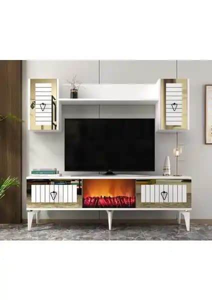 Cantek Dizayn Linda Şömineli TV Ünitesi Takımı Beyaz ve Altın Renk Seçeneği
