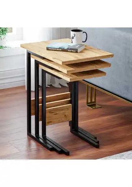 Ceramical ZG3 Metal Ayaklı 3'lü Zigon Sehpa Seti Çam Rengi Modern Tasarım ve Dayanıklılık