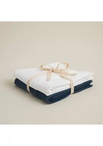 Chakra Sobeska 2'li Paspas Seti 50x70 cm Beyaz ve Marin Mavi Modern Banyo Dekoru