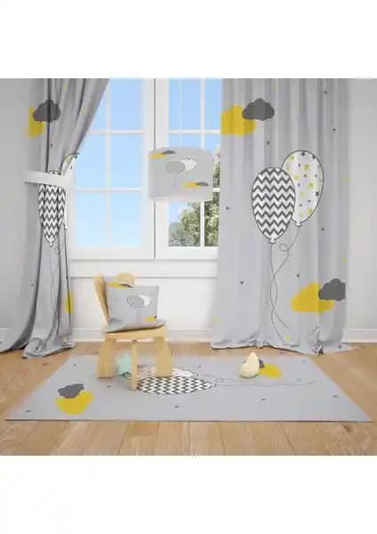 Çocuk Odası İçin Modern Gri Zemin Desenli Balon ve Bulutlar Fon Perde 70x270