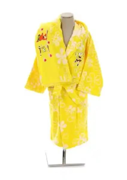 Çocuklar İçin Renkli ve Konforlu Sponge Bob Temalı Sarı Bornoz Seti 1-2 Yaş