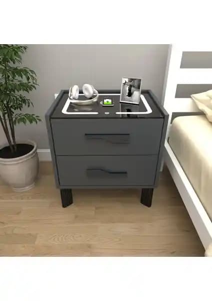 Decobox Diamond Antrasit Ledli Şarj Ünitesi ve Bluetooth Hoparlörlü Modern Komodin