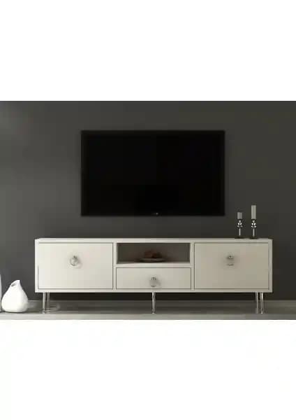 Demonte Dekor 2 Kapaklı Raflı ve Çekmeceli Drop TV Ünitesi Beyaz-Gümüş