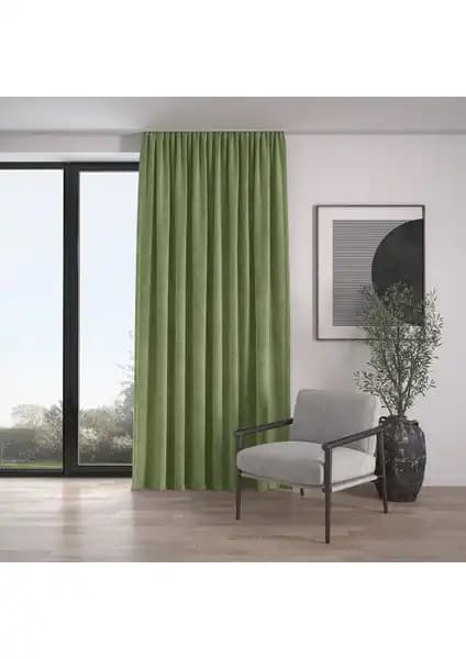 Demor Home Kadife Dokulu Ekstrafor Büzgülü Yeşil Fon Perde 100x270 cm Şık ve Dayanıklı Tasarım