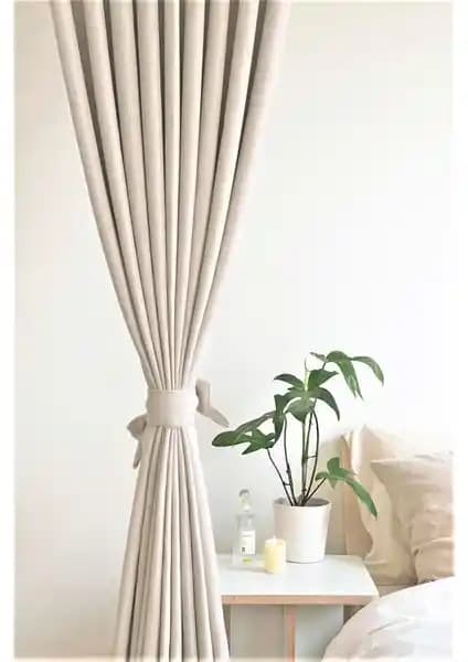 Devor Kadife Görünümlü Kalın Fon Perde Ekru Ekstrafor Büzgülü Tek Kanat