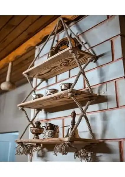 Elisra Ahşap Dekoratif 3'lü Halatlı Kitaplık Raf: Modern ve Otantik Tasarım Çözümleri