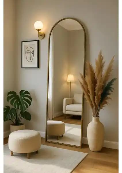 Ersan Dizayn Metal Çerçeve Gold Eskitme Ayaklı Boy Aynası - Modern ve Şık İç Mekan Dekoru