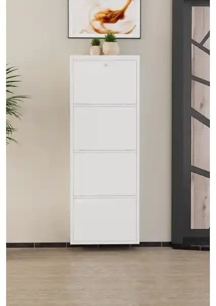 EVDEMO Beyaz Kilitli 4 Kapaklı Metal Ayakkabılık Modern ve Dayanıklı Depolama Ünitesi