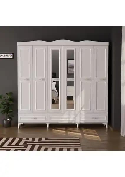 EVDEMO Luna 6 Kapaklı Aynalı Gardrop Beyaz Modern ve Dayanıklı Mobilya Çözümü
