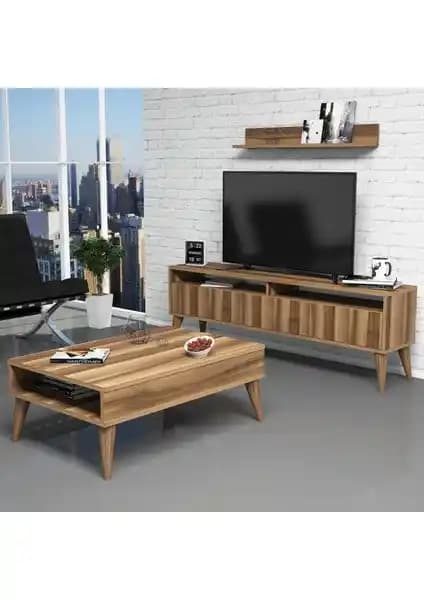 Evdo Best TV Ünitesi ve Orta Sehpa Takımı Ceviz Renkli Modern Tasarım ve Dayanıklı Malzeme