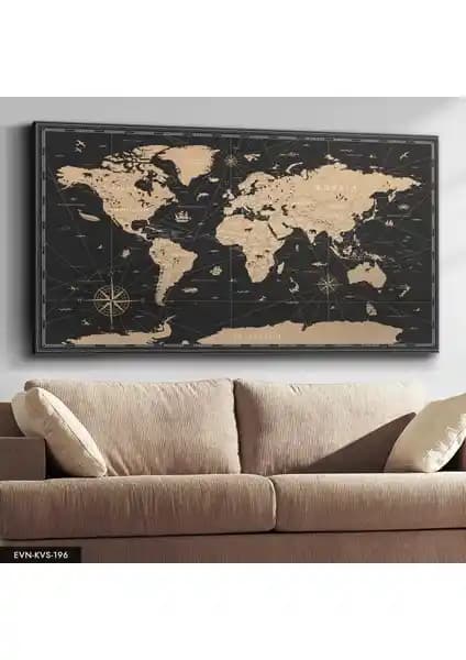 Evine Moda Vintage Dünya Haritası Kanvas Dekorasyon Parçası 120x65 cm Şık Tasarım