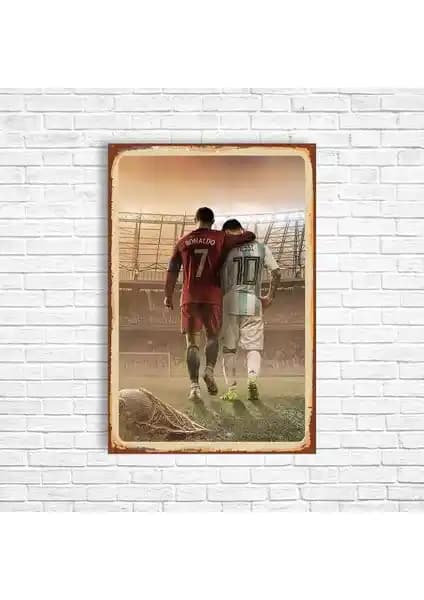 Futbol Efsaneleri Ronaldo ve Messi İçin Retro Ahşap Poster Dekorasyon Parçası