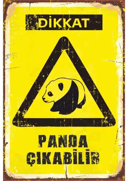 Hayat Poster Dikkat Panda Çıkabilir Retro Vintage Ahşap Poster 20x30 cm Dekoratif Parça