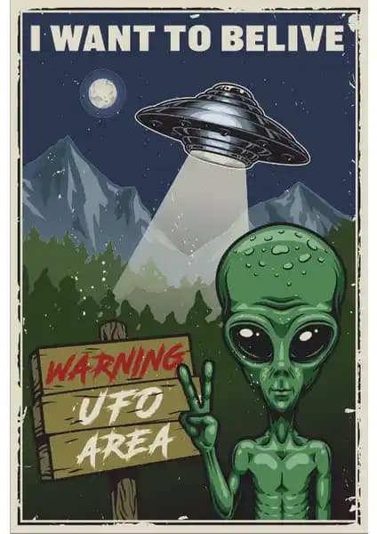 Hayat Poster Dikkat Uzaylı Retro Vintage Ahşap Dekoratif Poster 20x30 cm