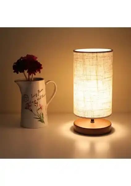 Homing Ahşap Ayaklı Kumaş Başlıklı Modern Abajur Yatak Odası ve Oturma Alanları İçin