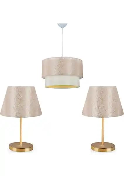 Homing Şampanya Dantel Kumaş Sarkıt Avize ve Lara Gold Abajur Seti Modern Dekorasyon İçin Şık Çözümler