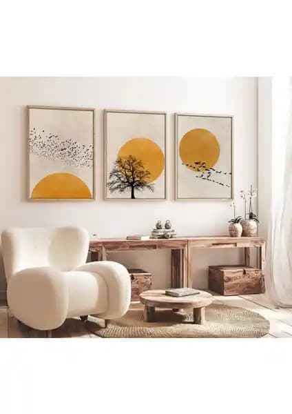 Huhuli Ahşap Çerçeveli Minimalist 3’lü Tablo Modern ve Doğal Dekorasyon İçin