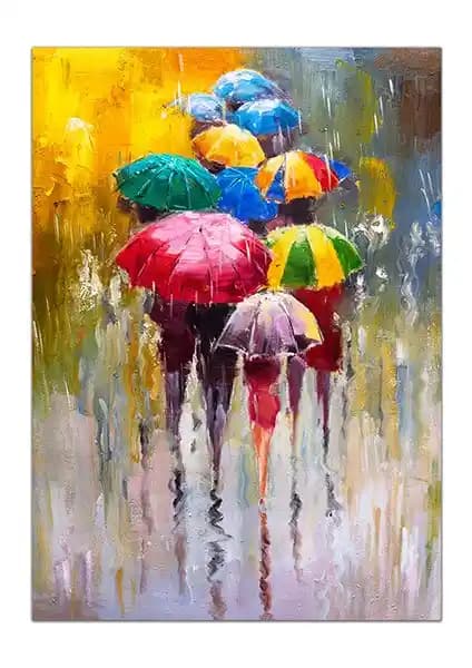 İdeasol Renkli Şemsiyeler Yağlı Boya Kanvas Tablo Dekorasyon ve Sanat İçin Uygun