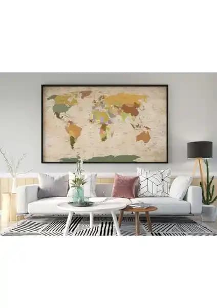 Idora Eskitme Vintage Dünya Haritası Kanvas Tablo Ev ve Ofis Dekorasyonu İçin