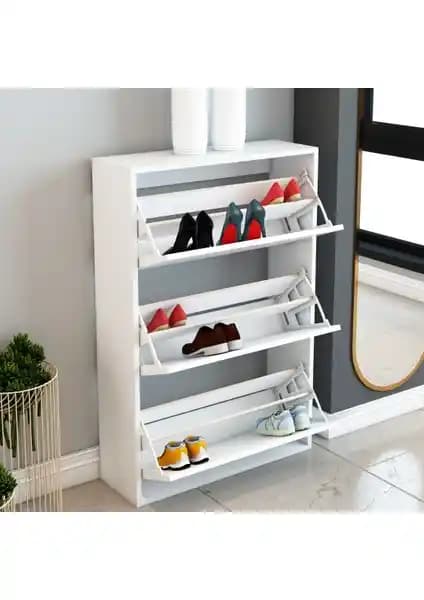 Jest Dekor Konsept Beyaz Ahşap 3 Bölmeli Ayakkabılık Modern ve Şık Depolama Çözümü