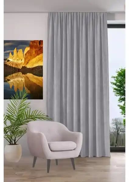 Kadife Dokulu Pilesiz Fon Perde Gri 140x260 cm - Modern ve Şık Tasarım