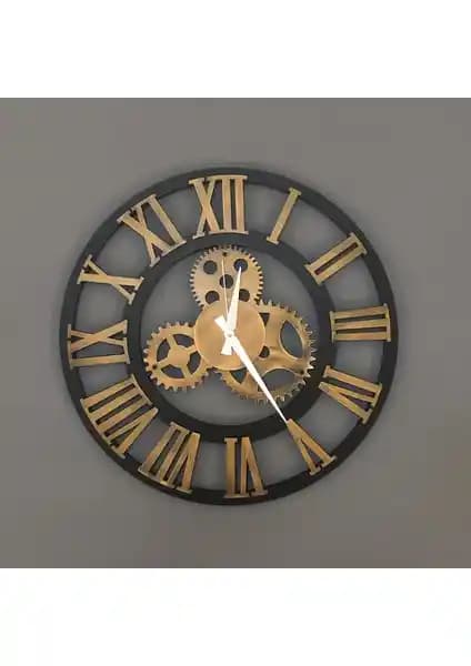 Kayra Tasarım Ahşap Roma Tarzı Antik Gold Duvar Saati 50cm Şık Dekorasyon Ürünü