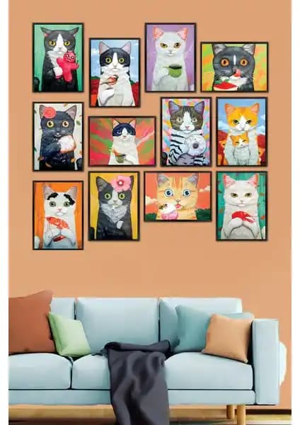 Kedi Temalı MDF 12 Parça Çerçevesiz Duvar Tablo Seti Ev ve Ofis Dekorasyonu İçin