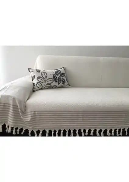 Krem Zemin Vizon Çizgili Pamuklu Koltuk Örtüsü Modern ve Dayanıklı Ev Dekorasyon Ürünü